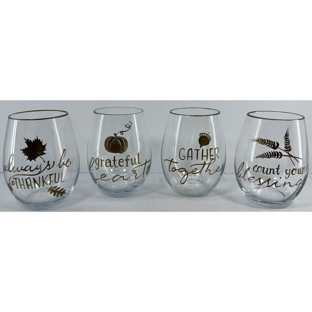 Pier 1 Imports Fall Stemless Wine Glasses Set of 4 Thanksgiving Hand Painted NIB